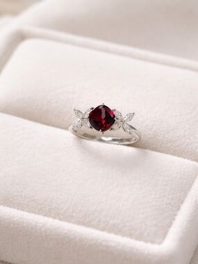 Sterling Silver Ring with Deep Red Garnet and Moissanite Accents
